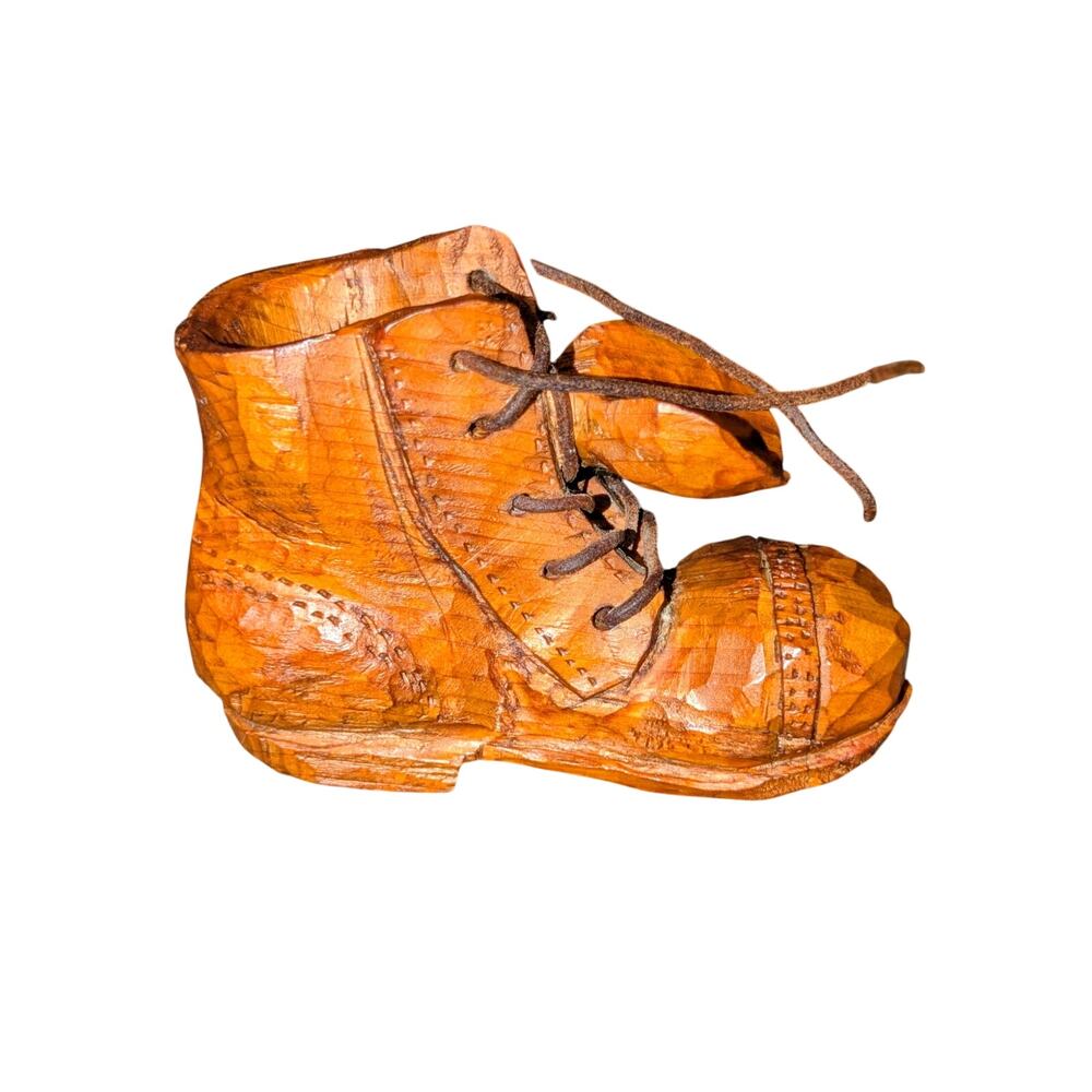 Vintage Wells Hand-Carved Wooden Boot Decor Signed